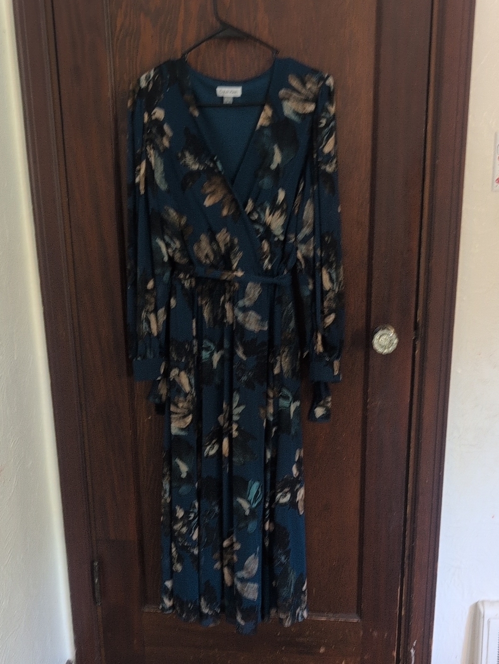 Calvin Klein Teal Floral Long Sleeve Wrap Dress